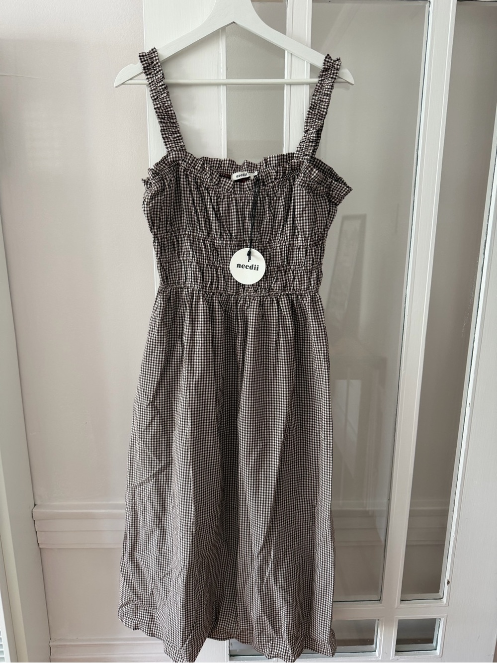 Brown & White Gingham Smocked Maxi Dress NWT